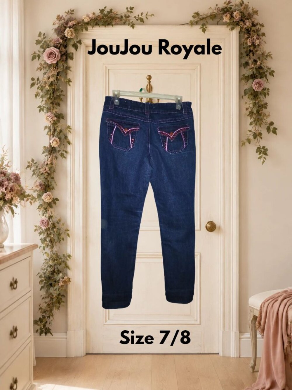 JouJou Royale Juniors Size 7/8 Dark Wash Pink Stitch Rhinestone VintageY2K Jeans